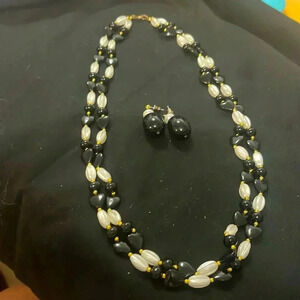Vintage Black Gold and Pearlized White Bead Necklace, Two Strand and Earrings